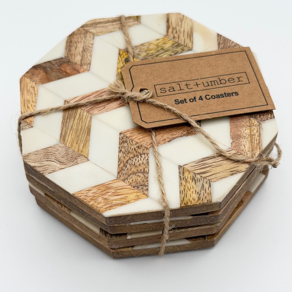 Salt + Umber Mango Wood Coaster Set Geometric Drink Coasters Set of 4‎ New